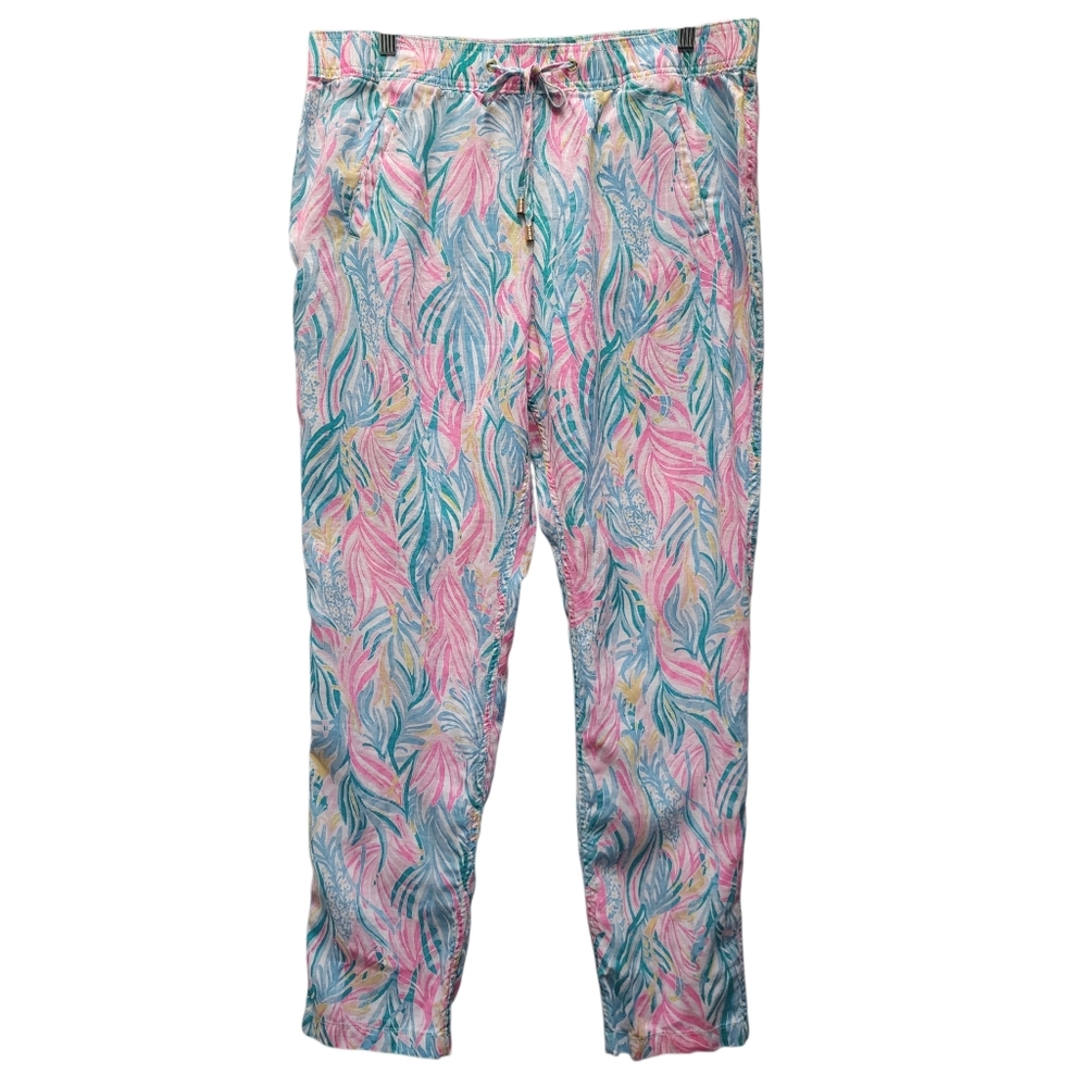 Lilly Pulitzer Sea Turtle Soiree TARON PANTS Lagoon 100% Linen Pull-On Large - Picture 3 of 10